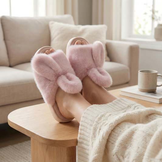 Fluffy Bunny Ear Faux Fur Slides - Pastel Pink